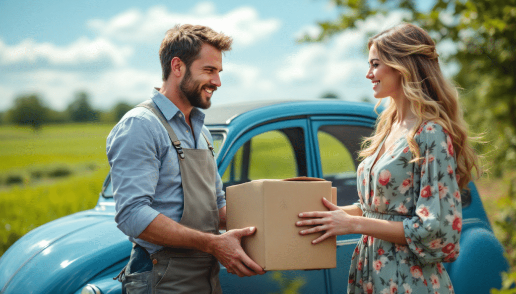 La imagen muestra a dos personas junto a un coche vintage azul en un entorno rural. Una persona parece estar entregando una caja de cartón a la otra. El fondo presenta vegetación y un cielo despejado, sugiriendo una escena tranquila en el campo.