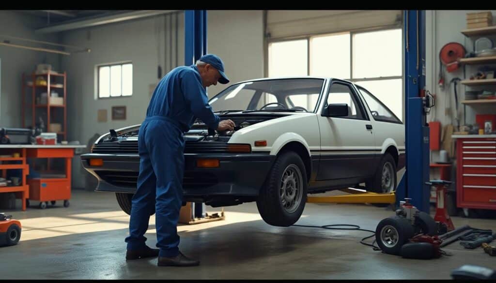 Imagen de una persona con un uniforme azul trabajando en un Toyota AE86 dentro de un garaje. El coche está con el capó abierto mientras la persona trabaja en el motor. El garaje está equipado con varias herramientas y equipos, lo que sugiere que está preparado para el mantenimiento y reparación de vehículos. Esta escena podría ser interesante o relevante para aquellos interesados en el trabajo automotriz o en coches vintage.