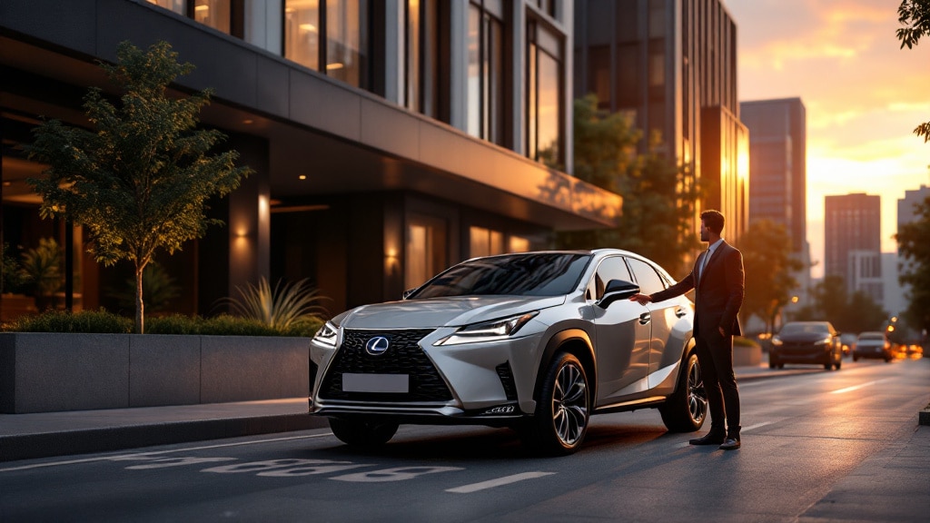 Un coche Lexus RX 450, estacionado en una calle de la ciudad durante el atardecer o amanecer. Al lado del coche, una persona está de pie mirándolo. El fondo muestra edificios, creando un ambiente urbano y atractivo que resalta el diseño y la elegancia del vehículo.