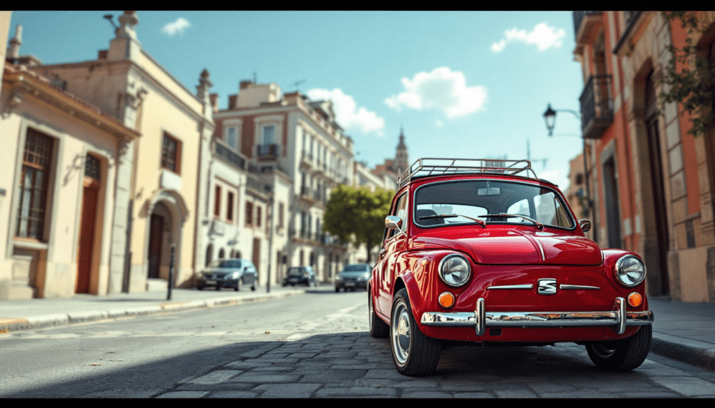 La imagen muestra un SEAT 600 vintage rojo estacionado en una calle adoquinada en un entorno urbano con arquitectura clásica europea. El coche tiene una parrilla cromada, faros redondos y un portaequipajes en el techo. El entorno destaca por el contraste entre el vehículo bien conservado y los edificios históricos, sugiriendo una escena de tiempos pasados o evocando nostalgia.
