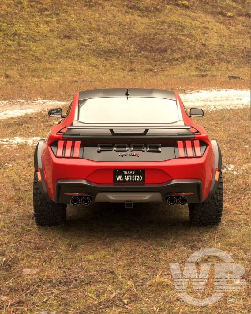 Vista trasera del Ford Mustang Raptor 2026 en color rojo, estacionado en una zona con hierba seca. El coche presenta luces traseras distintivas, un alerón y cuatro tubos de escape. La matrícula dice ‘Texas WB ARTIST20’, indicando el estado de registro y posiblemente una personalización del propietario.