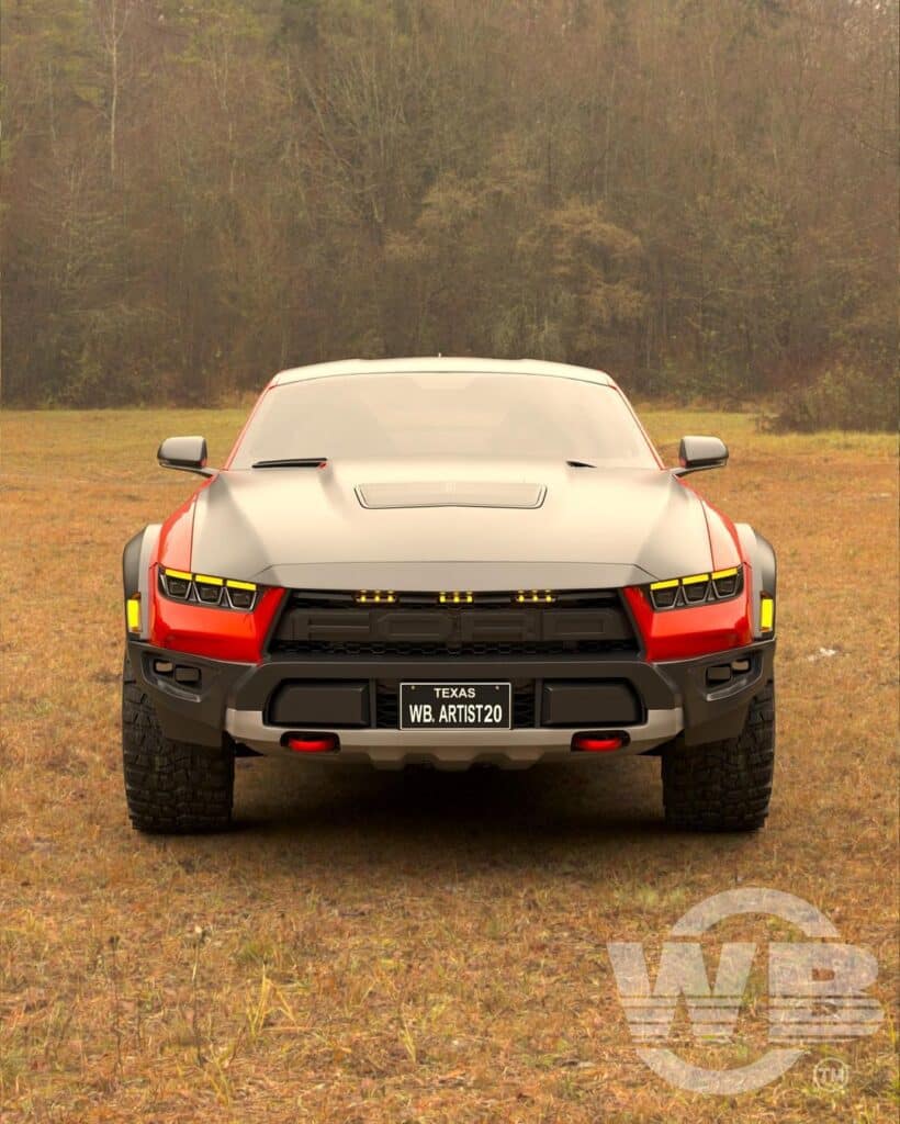 Vista frontal del Ford Mustang Raptor 2026, mostrando faros amarillos distintivos y una parrilla negra. El vehículo está estacionado en una zona de césped con árboles al fondo, sugiriendo un entorno al aire libre o rural. La matrícula dice ‘Texas WB ARTIST20’, indicando el estado de registro y posiblemente una personalización del propietario. La niebla añade un efecto atmosférico a la escena, haciéndola visualmente interesante.