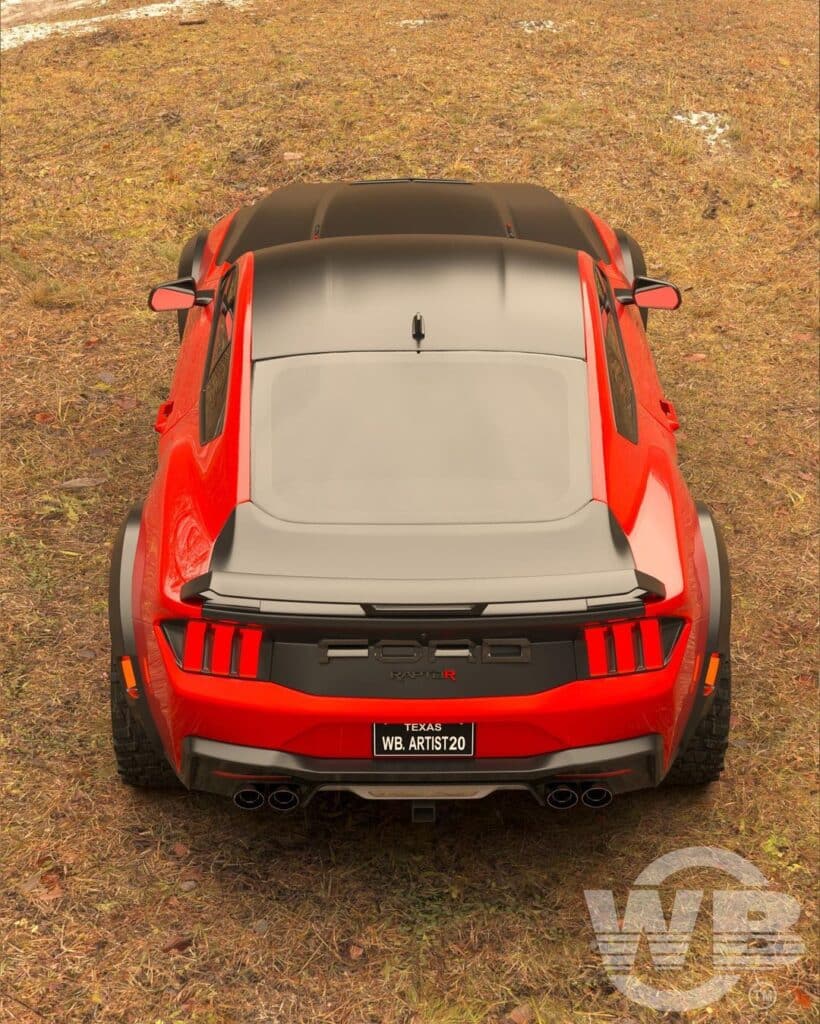 Vista trasera del Ford Mustang Raptor 2026 en color rojo, estacionado en una zona de césped. El coche tiene características distintivas como un alerón trasero, tubos de escape dobles y luces traseras verticales. La matrícula dice ‘WB ARTIST20’ de Texas, indicando que el coche puede pertenecer a un artista o ser parte de un proyecto artístico.