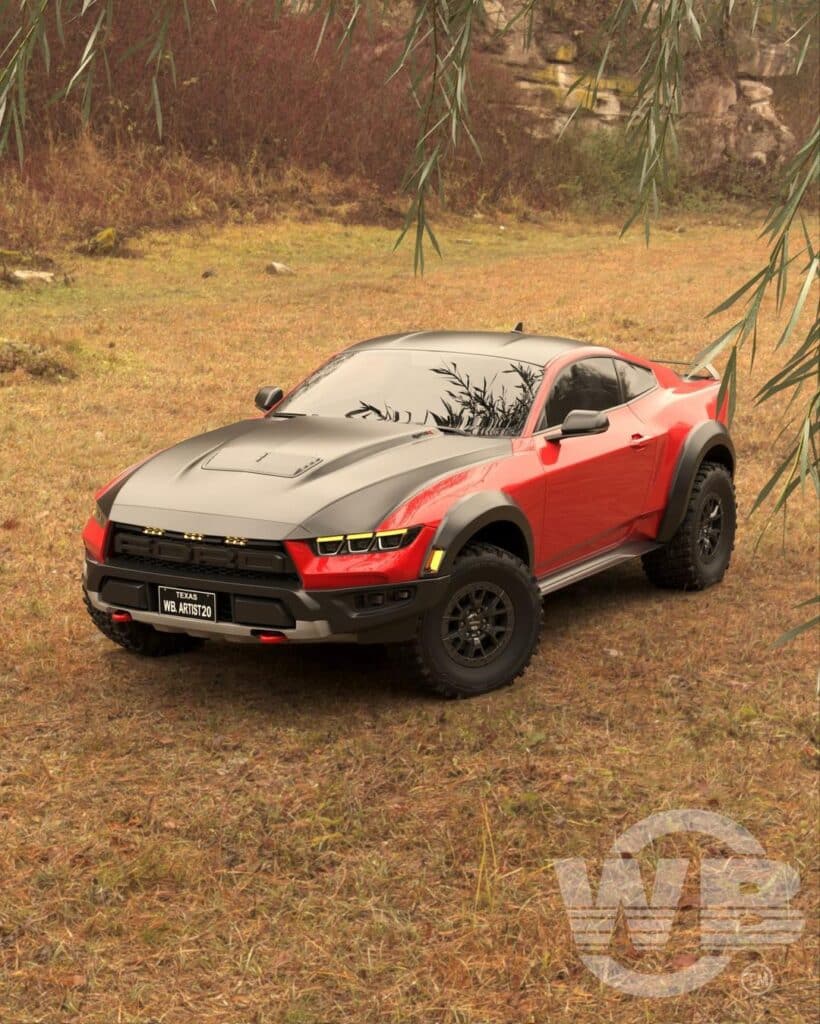 Vista de un Ford Mustang Raptor 2026 gris con acentos rojos, estacionado en una zona de césped con árboles al fondo durante el atardecer. El coche tiene un diseño moderno con gráficos negros en el capó que parecen ramas o arañazos, añadiendo a su estética deportiva.