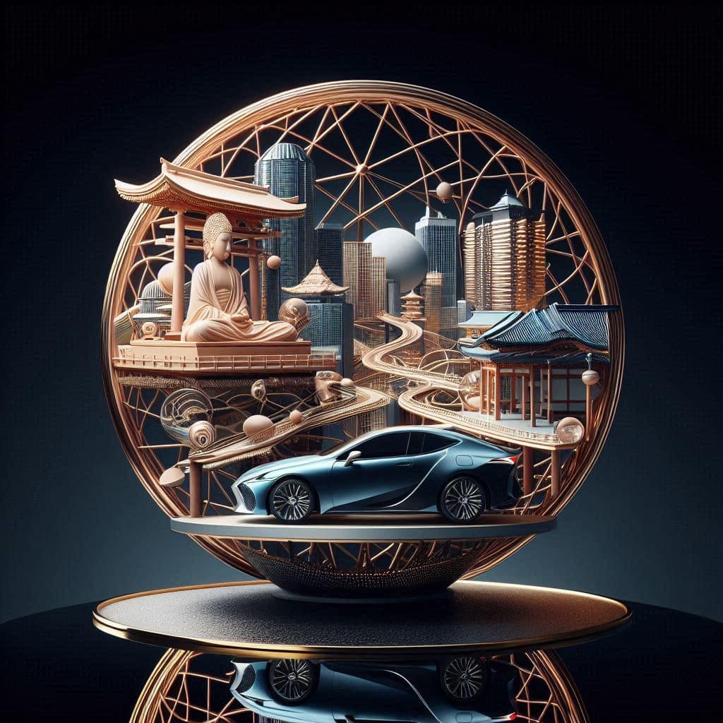 Una obra de arte digital que representa el concepto de TAZUNA en relación con la marca Lexus. La imagen muestra una esfera con patrones intrincados y varios elementos en su interior. Dentro de la esfera, hay un skyline urbano con rascacielos, un templo tradicional asiático y una estatua de Buda en posición meditativa. También hay carreteras sinuosas con vehículos en miniatura, destacando un coche deportivo en primer plano. La esfera está colocada sobre una superficie reflectante contra un fondo oscuro, resaltando sus detalles. Esta imagen combina arquitectura moderna y tradicional, elementos culturales y el concepto de encapsular un mundo complejo dentro de una forma esférica.