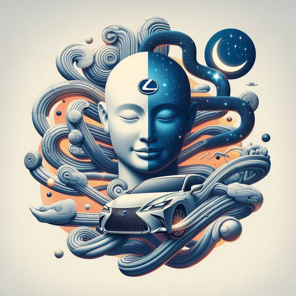 Una obra de arte digital que representa el concepto de TAZUNA en relación con la marca Lexus. La imagen muestra formas abstractas y fluidas que crean una composición dinámica, simbolizando la conexión perfecta entre el conductor y la máquina. En el centro hay un rostro meditativo con el emblema de Lexus en el lugar del tercer ojo, rodeado de líneas y formas en tonos de azul, blanco, naranja y negro, evocando la armonía y fluidez de la experiencia de conducción de un Lexus. También hay elementos que recuerdan a cuerpos celestes como estrellas y planetas, sugiriendo la precisión y sofisticación tecnológica de Lexus.