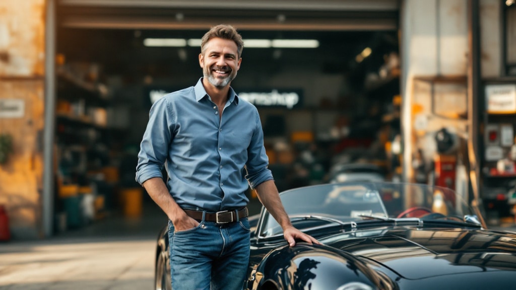Una persona de pie frente a un coche descapotable clásico, con una camisa azul y jeans. El coche tiene un exterior negro brillante con detalles cromados y está en un entorno de garaje o taller con iluminación cálida.