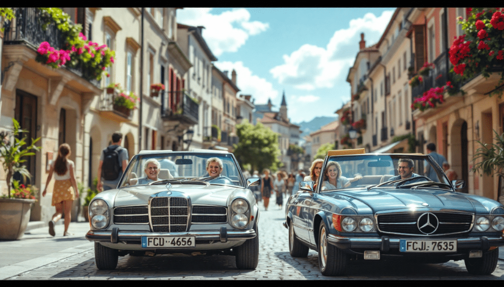 La imagen muestra dos coches vintage Mercedes-Benz estacionados en una calle adoquinada, probablemente en una ciudad europea, dado la arquitectura y las matrículas. Los coches están orientados hacia la cámara con sus capós visibles. El coche de la izquierda es plateado y parece ser un modelo sedán, mientras que el de la derecha es negro y parece ser un modelo convertible. Ambos tienen faros rectangulares antiguos y parachoques cromados, característicos del diseño clásico de automóviles. La calle está bordeada de edificios con fachadas tradicionales y ventanas con contraventanas, y hay cestas de flores colgantes que añaden color a la escena.