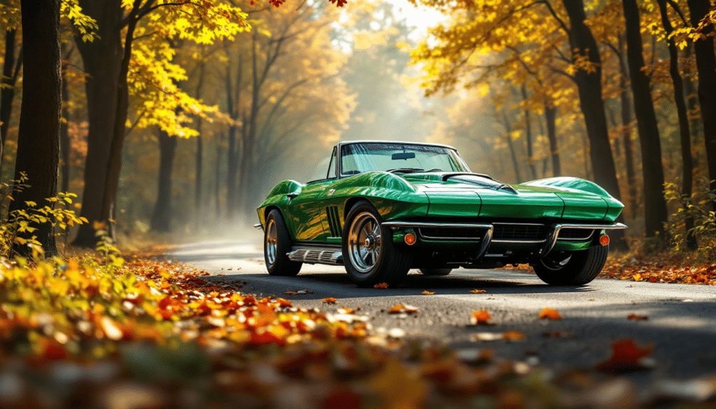 La imagen muestra un coche convertible clásico verde en una carretera rodeada de árboles con follaje otoñal. El entorno parece ser un bosque o parque durante el otoño, con hojas en el suelo y un fondo brumoso que añade atractivo estético a la escena.