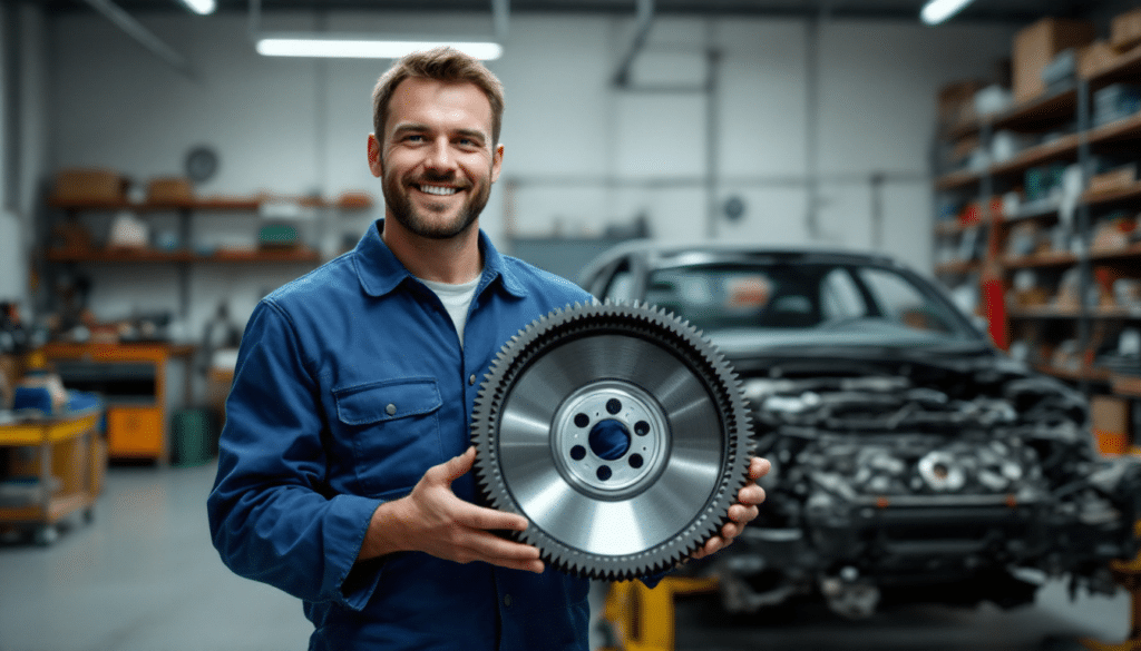 Imagen de un hombre en un taller mecánico, vestido con un uniforme azul, sosteniendo un volante motor monomasa de metal. El fondo muestra un entorno de taller con estantes y un coche con el capó abierto, sugiriendo que se están realizando reparaciones automotrices.