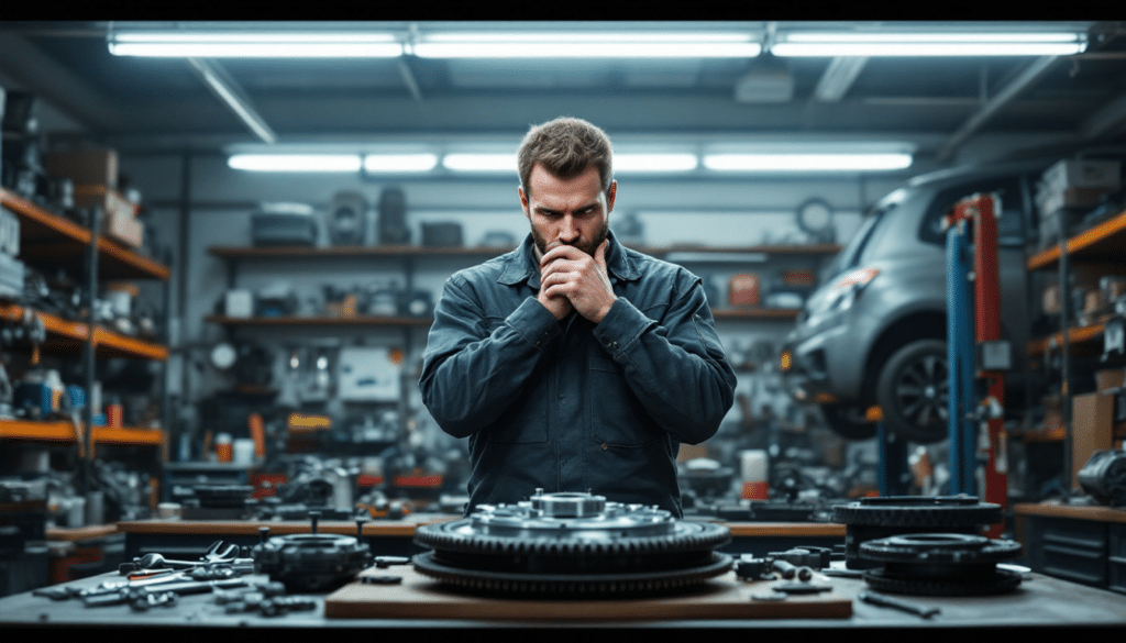 Imagen de un hombre en un taller o garaje, pensativo con la mano en la boca. El fondo está lleno de diversas piezas mecánicas y herramientas, sugiriendo un entorno de trabajo o reparación mecánica.