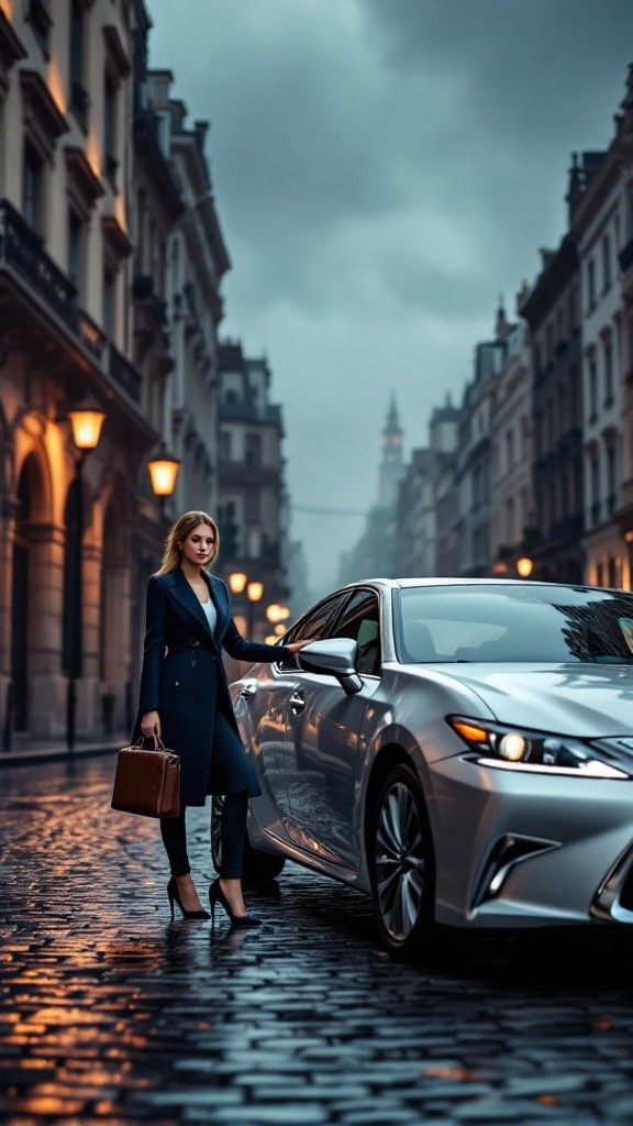 Una mujer de pie junto a un coche Lexus en una calle adoquinada, posiblemente en un entorno urbano. Los edificios circundantes sugieren un estilo arquitectónico europeo.