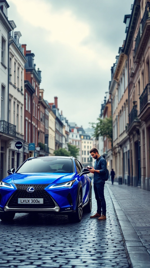 Un coche Lexus UX 300e azul estacionado en una calle adoquinada, con edificios a lo largo de la carretera. Una persona está de pie junto al coche, interactuando con él, posiblemente bloqueando o desbloqueando el vehículo. El entorno parece ser urbano, destacando la relevancia del vehículo eléctrico en el transporte y la tecnología modernos.