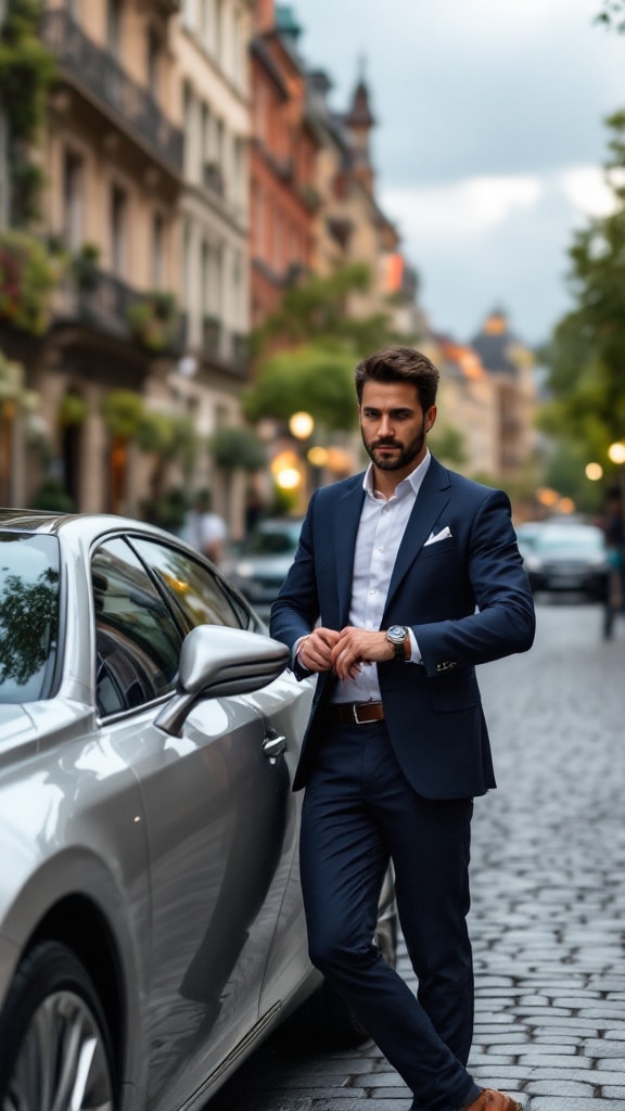 Una persona de pie junto a un coche Lexus estacionado, vestido con un traje y mirando la hora en su reloj de pulsera. La escena sugiere un entorno profesional y moderno.