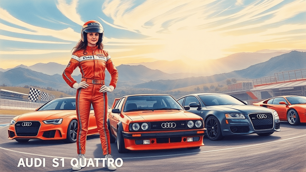 Una mujer con traje de carreras y casco se encuentra de pie con confianza frente a una fila de cuatro coches Audi en una pista de carreras. Los coches son modelos progresivamente más nuevos de izquierda a derecha, mostrando la evolución del diseño de Audi. El primer coche está etiquetado como ‘AUDI S1 QUATTRO’. El fondo presenta un entorno dinámico de pista de carreras con colores vibrantes, transmitiendo velocidad y excelencia automovilística.