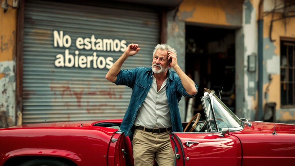 En esta imagen, se observa a un hombre mayor junto a un coche clásico rojo, frente a un taller cerrado. La persiana metálica detrás de él tiene un letrero que dice: "No estamos abiertos." La expresión y el lenguaje corporal del hombre reflejan frustración o sorpresa, quizás debido al cierre inesperado del taller o alguna situación con su vehículo. La escena transmite una mezcla de nostalgia y contrariedad, resaltada por el coche antiguo y el ambiente algo descuidado del taller, con paredes desgastadas que refuerzan la idea de abandono o pausa en el servicio.