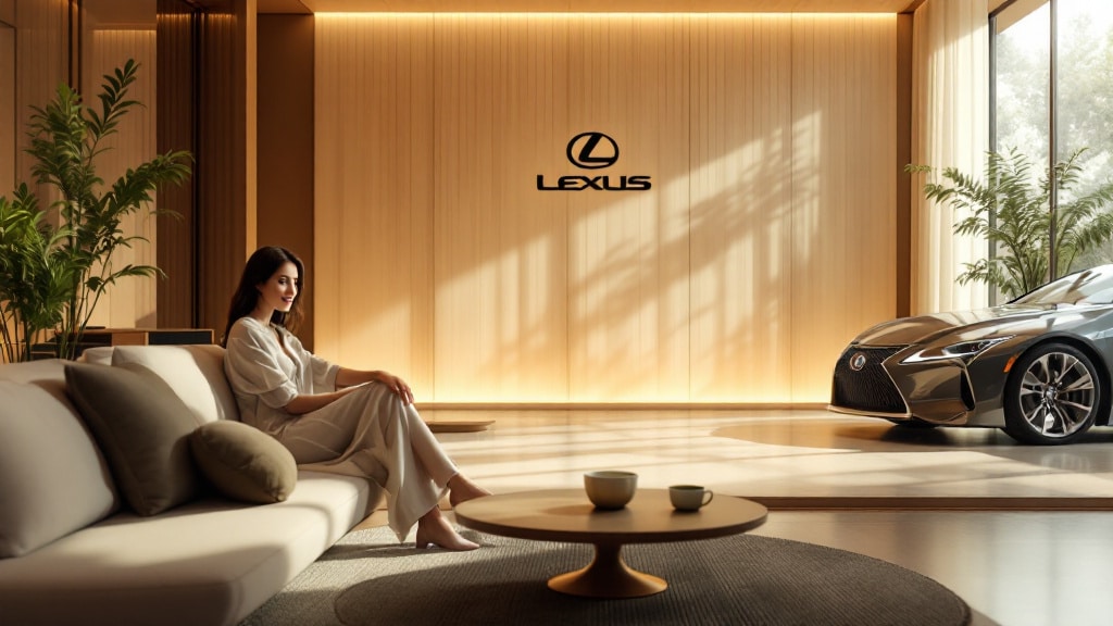 Un espacio interior moderno y lujoso con una gran ventana que permite la entrada de luz natural. En primer plano, una persona sentada en un sofá blanco, con gafas oscuras, mirando hacia la ventana. Delante de ellos hay una mesa de café con dos tazas. En el fondo, una pared iluminada con el logo de Lexus y, a la derecha, una vista parcial de un coche Lexus. La imagen parece ser un material promocional de Lexus, destacando la comodidad y el estilo.