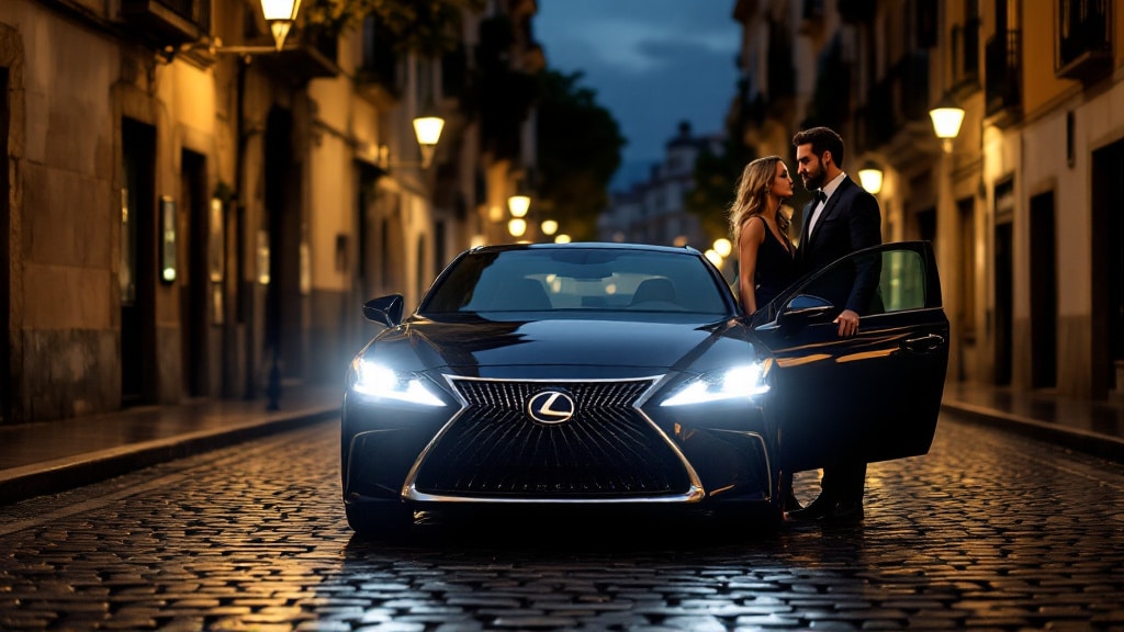 Un coche Lexus negro estacionado en una calle adoquinada al anochecer o de noche, con los faros encendidos. Dos personas están de pie junto al coche; la mujer está más cerca del coche, apoyada en la puerta del conductor, mientras que la otra persona está cerca. El entorno parece ser urbano, posiblemente sugiriendo un contexto lujoso o romántico. Lexus en Zaragoza.