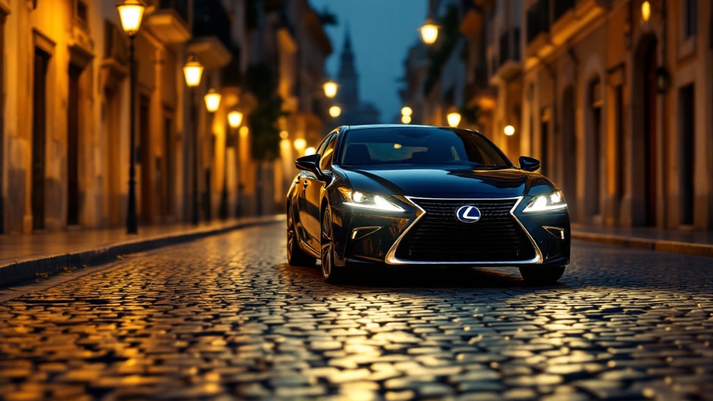 Un coche negro de la marca Lexus está estacionado en una calle empedrada y estrecha, iluminada por farolas antiguas. La imagen está tomada al anochecer, lo que resalta las luces delanteras del coche y crea un ambiente cálido y acogedor.