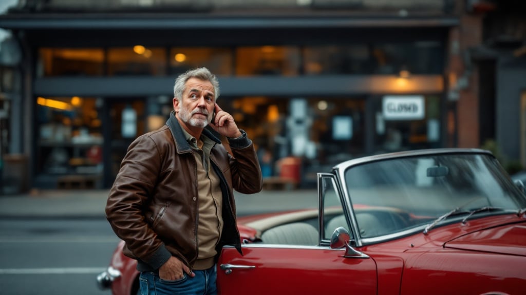 Un hombre de pie junto a un coche descapotable rojo, vestido con una chaqueta marrón y un suéter claro. Al fondo, se puede ver un café con ventanas grandes y un letrero que dice "CLOSED". La escena es urbana y está ambientada en un día nublado.