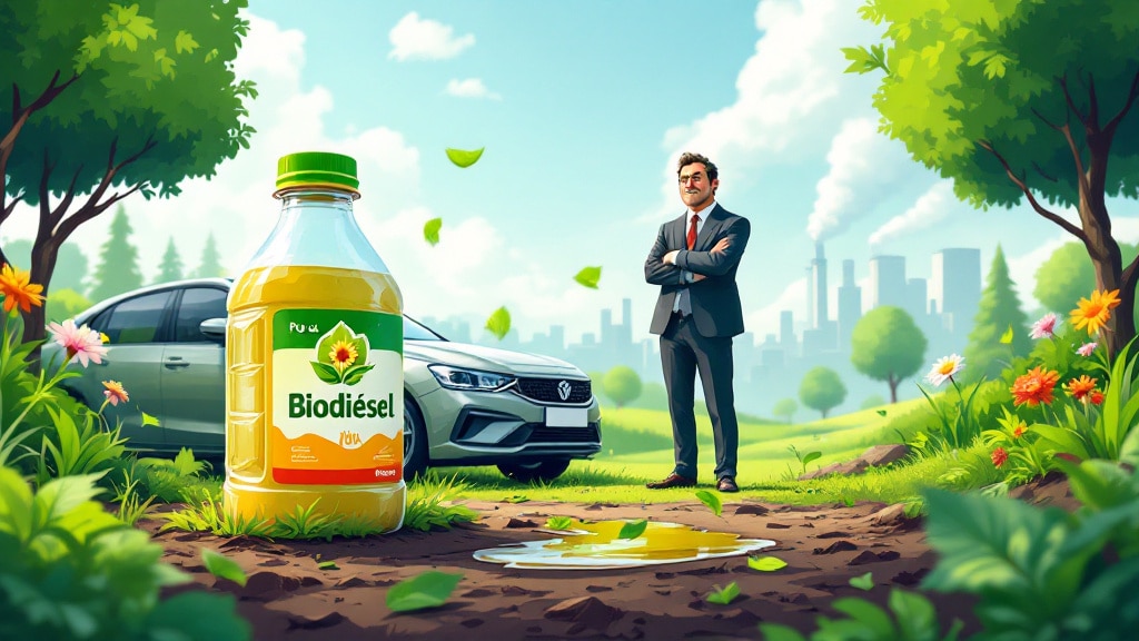 La imagen muestra una escena digitalmente creada donde una botella etiquetada como ‘Biodiésel’ está en primer plano a la izquierda, con su contenido derramado formando un charco en el suelo. En el fondo, hay un hombre trajeado con los brazos cruzados, que parece estar molesto. Detrás de él, hay un coche y un horizonte urbano en la distancia. El escenario parece ser un campo verde y exuberante bajo un cielo azul claro con algunas nubes y hojas volando con el viento. La imagen sugiere que el biodiésel es una alternativa energética que incomoda a las petroleras tradicionales.