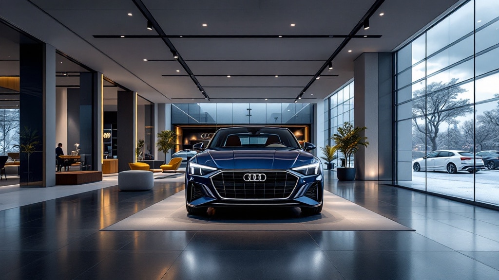 Interior de un concesionario de coches moderno con una exhibición prominente de un vehículo Audi en primer plano. El coche está posicionado centralmente, mirando hacia el espectador, y parece ser un modelo nuevo con características de diseño elegantes como faros afilados y una parrilla distintiva. El concesionario tiene un ambiente lujoso, con grandes ventanas de vidrio que permiten la entrada de luz natural, reflejándose en el suelo pulido. Hay varios otros coches visibles en el fondo, pero no están tan destacados como el Audi en primer plano. También hay muebles que sugieren un área de espera o recepción y al menos una persona visible que parece ser un empleado trabajando en un escritorio.