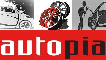 Gráfico con tres secciones separadas, cada una con elementos relacionados con automóviles. La sección superior izquierda muestra parte de un coche blanco con copos de nieve alrededor, sugiriendo un tema invernal. La sección superior derecha muestra otra parte de un coche siendo lavado a mano, con gotas de agua. La sección inferior tiene un fondo rojo con la palabra ‘autopia’ en letras blancas minúsculas, probablemente el nombre de la marca o servicio anunciado.