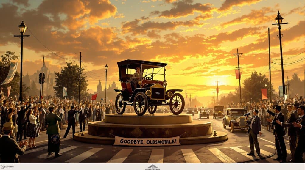 La imagen muestra una escena rural pintoresca al amanecer o al atardecer, con una familia de pie junto a un automóvil de principios del siglo XX en un camino de tierra con vistas a un pueblo. El pueblo presenta una mezcla de casas residenciales, edificios industriales con chimeneas que emiten humo y campos verdes exuberantes. El cielo está lleno de dramáticos rayos de luz solar que atraviesan las nubes, creando una atmósfera cálida y vibrante. La escena es interesante ya que captura un momento de transición entre la vida rural e industrial, destacando los primeros días de los viajes en automóvil y el impacto de la industrialización en los pequeños pueblos.