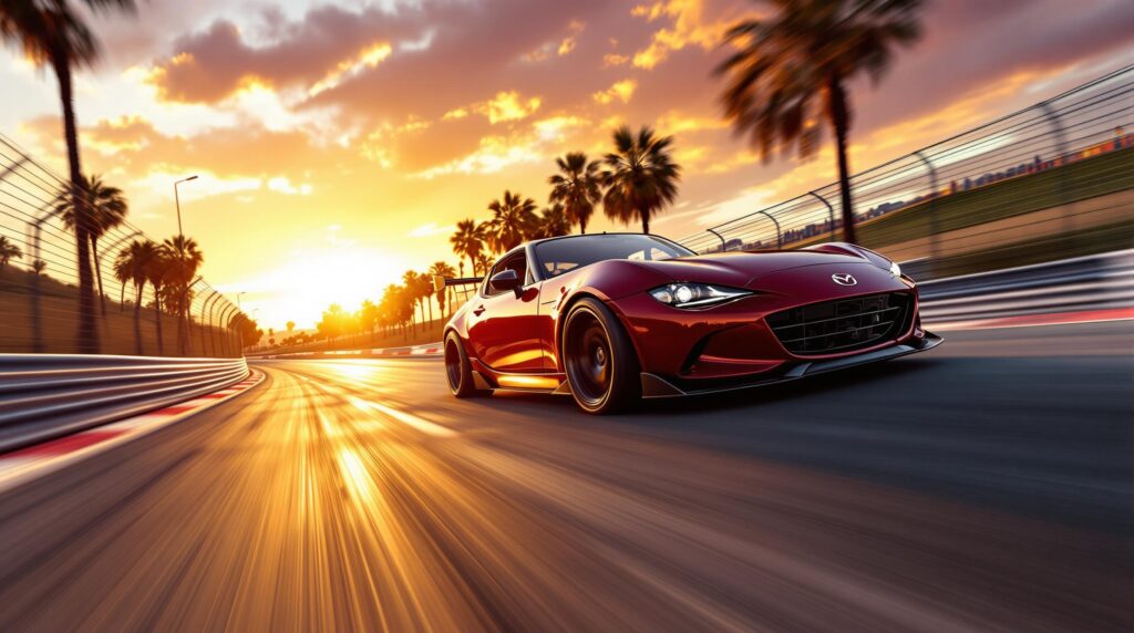 La imagen muestra un coche deportivo rojo, específicamente un Mazda, conduciendo en una pista de carreras durante el atardecer. El coche está capturado en movimiento, con un ángulo dinámico que enfatiza su velocidad y diseño elegante. El fondo presenta palmeras y una valla que bordea la pista, con el sol poniéndose en la distancia, proyectando un resplandor cálido y sombras largas en la escena. La combinación del diseño del coche, el desenfoque de movimiento y el atardecer pintoresco hace que la imagen sea visualmente impactante y relevante para los entusiastas del automovilismo o material promocional para el coche.