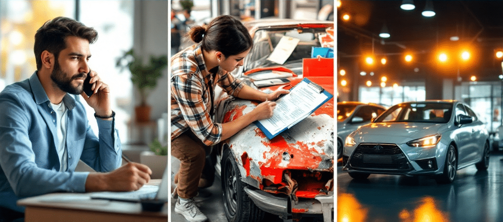 La imagen es un tríptico de tres fotografías separadas colocadas una al lado de la otra. De izquierda a derecha: la primera fotografía muestra a una persona sentada en un escritorio con su rostro oculto por un rectángulo marrón, aparentemente en profundo pensamiento o angustia. La segunda fotografía muestra a otra persona con su rostro también oculto por un rectángulo marrón, inclinada sobre el capó de un coche que tiene daños visibles y óxido, posiblemente indicando las secuelas de haber estado en una inundación. La tercera fotografía presenta un coche nuevo en exhibición, probablemente en una sala de exposición, con luces brillantes reflejándose en su superficie y dándole un aspecto atractivo.