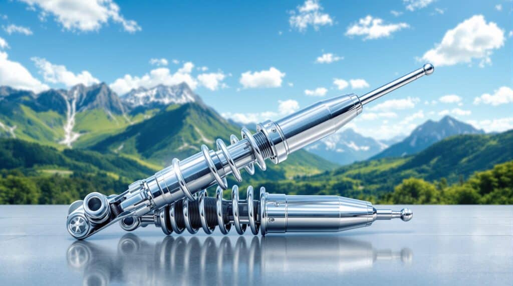 Dos amortiguadores de coche sobre una superficie reflectante con un fondo escénico de montañas y cielo azul. Los amortiguadores son detallados, mostrando su acabado metálico, resortes y componentes.