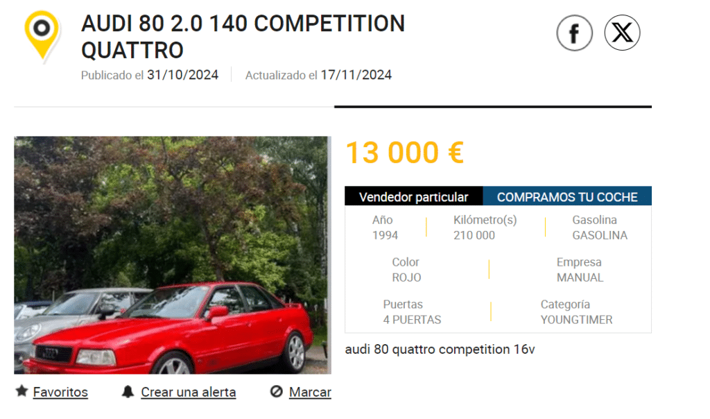 La imagen muestra un anuncio de venta de un coche. El coche es un Audi 80 2.0 140 Competition Quattro, listado por 13,000 euros. El anuncio incluye detalles como la fecha de publicación (31/10/2024) y la última actualización (17/11/2024). El coche es del año 1994, tiene 210,000 kilómetros, funciona con gasolina, es de color rojo, tiene 4 puertas y una transmisión manual. La categoría del coche está listada como "Youngtimer". También hay una foto del Audi 80 rojo en el anuncio.