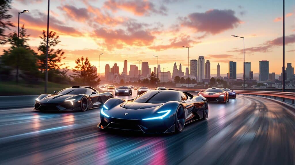 Blog del motor: La imagen muestra un grupo de coches deportivos futuristas compitiendo en una autopista con un horizonte urbano de fondo. La escena está ambientada durante el atardecer, con el cielo mostrando vibrantes tonos de naranja, rosa y púrpura. Los coches tienen un diseño moderno y aerodinámico, con faros brillantes y curvas suaves, sugiriendo alta velocidad y tecnología avanzada. El paisaje urbano presenta altos rascacielos y edificios, añadiendo al ambiente urbano y dinámico de la imagen.