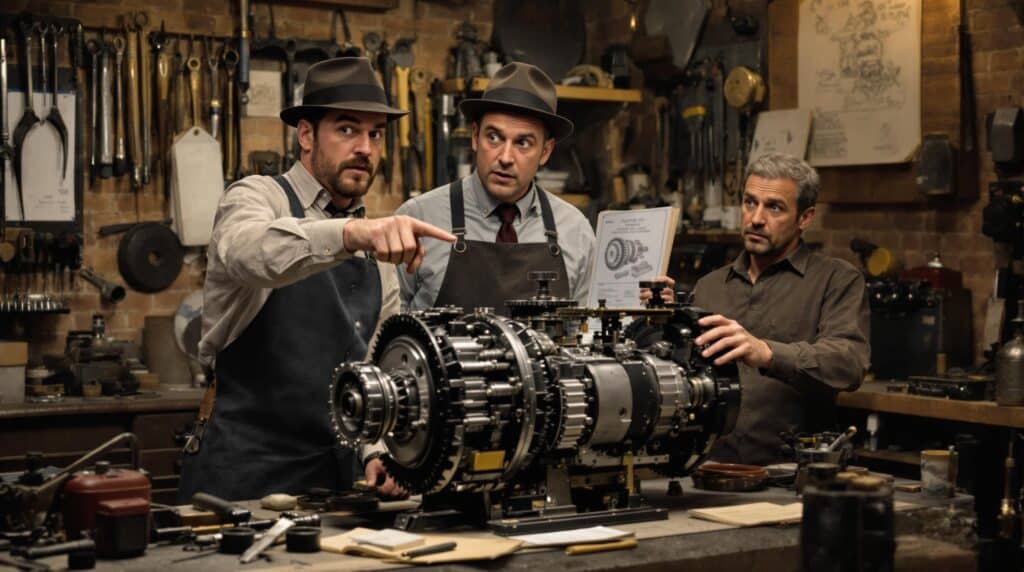 Claro, aquí tienes: La imagen muestra a tres personas en un taller, discutiendo alrededor de un dispositivo mecánico complejo, posiblemente una caja de cambios o un motor. Las personas están vestidas con ropa vintage, incluyendo sombreros y delantales, lo que sugiere un contexto histórico o retro. El taller está lleno de diversas herramientas y equipos colgados en las paredes y colocados en bancos de trabajo. Una persona está señalando el dispositivo mecánico, otra sostiene un manual técnico o plano, y la tercera está manipulando el dispositivo. La escena es interesante y relevante ya que representa un entorno de trabajo de ingeniería o mecánica detallado y colaborativo, destacando las complejidades del diseño mecánico y el trabajo en equipo.