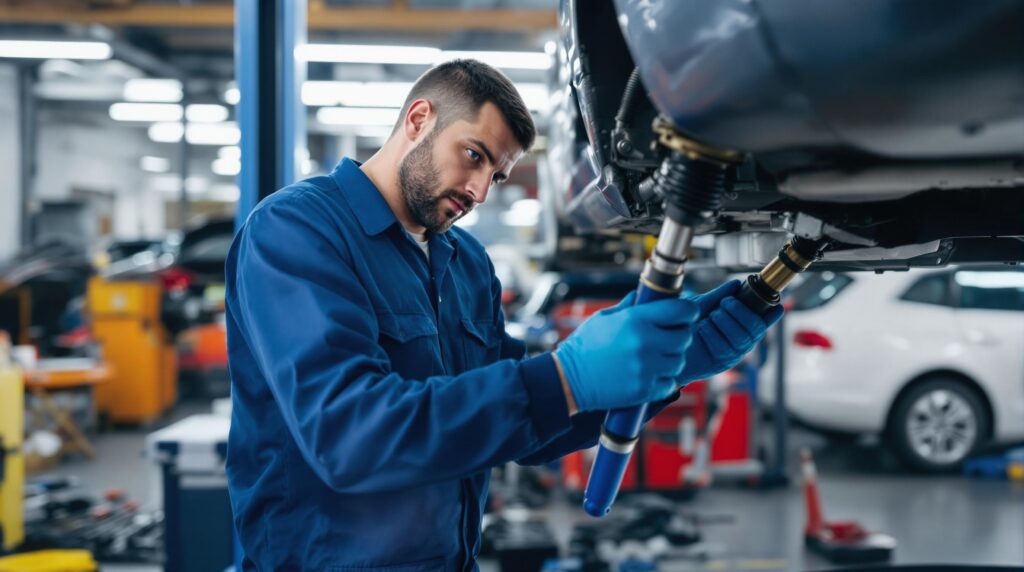 Persona con uniforme azul y guantes trabajando en la parte inferior de un vehículo con una herramienta. El entorno es un taller automotriz con otros coches y equipos de garaje en el fondo.