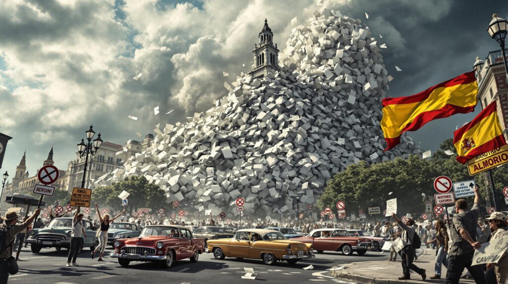 "La imagen muestra una escena caótica en una ciudad donde una avalancha masiva de papeles cae desde un gran edificio con una torre prominente. Las calles están llenas de coches vintage y personas que sostienen carteles, algunos de los cuales están protestando. Hay numerosas señales de tráfico que indican prohibiciones, y las banderas españolas se muestran de manera prominente. El cielo está nublado, lo que añade a la atmósfera dramática. Esta imagen es interesante y relevante ya que representa visualmente una cantidad abrumadora de burocracia o papeleo, posiblemente simbolizando una protesta contra la sobrecarga administrativa o la ineficiencia.
