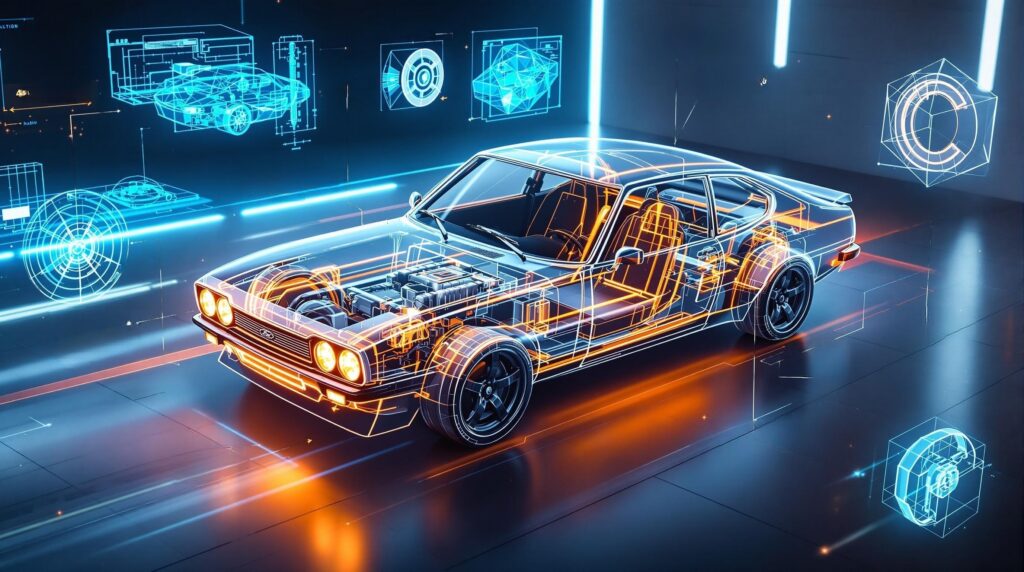 La imagen muestra una representación digital de un Ford Capri Mk3 con una superposición futurista. El coche se muestra con líneas transparentes y brillantes que destacan sus componentes internos, como el motor, los asientos y las ruedas. Alrededor del coche hay varios diagramas técnicos y pantallas holográficas, que muestran diferentes partes y esquemas del vehículo. Esta imagen es interesante y relevante porque combina el diseño automotriz clásico con técnicas modernas de visualización digital, ilustrando la integración de la ingeniería tradicional con la tecnología avanzada.
