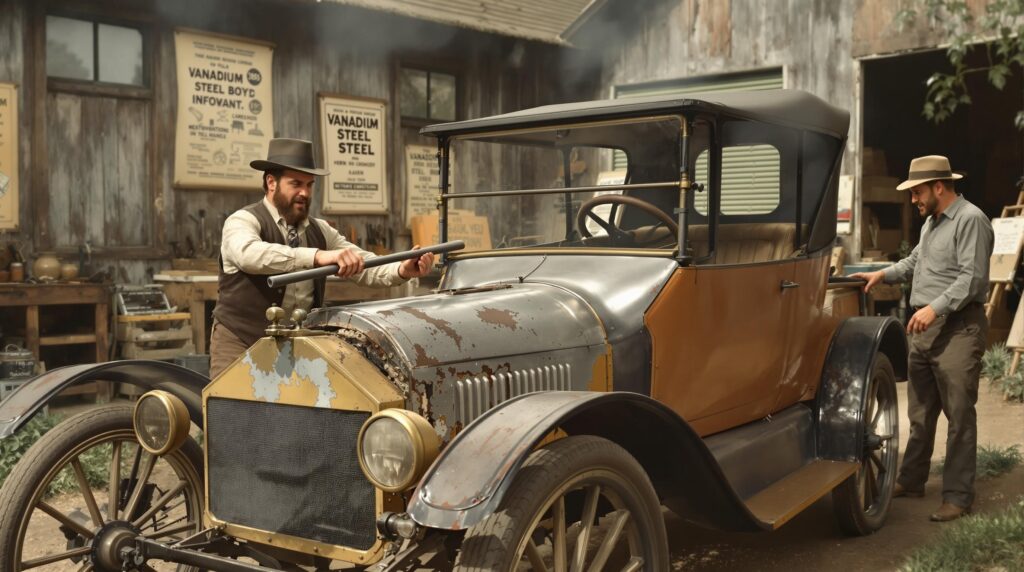 Claro, aquí tienes: La imagen muestra a dos personas trabajando en un coche antiguo frente a un taller rústico. El coche parece ser de principios del siglo XX, con signos visibles de desgaste y óxido. Una persona está arrancando el motor del coche, mientras que la otra está cerca, posiblemente asistiendo. El taller en el fondo tiene varios carteles que anuncian "Vanadium Steel" y otros productos relacionados. La escena evoca una atmósfera histórica o nostálgica, destacando la tecnología automotriz y las prácticas de reparación de principios del siglo pasado.