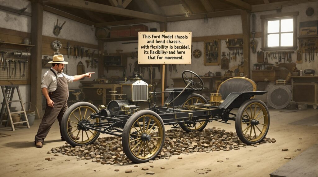 La imagen muestra a un hombre en un taller señalando el chasis de un Ford Model T. El taller está lleno de diversas herramientas y equipos colgados en las paredes y colocados en bancos de trabajo. El chasis está colocado sobre un montón de pequeños bloques de madera. Hay un cartel junto al chasis con texto que dice: "This Ford Model chassis and bend chassis... with flexibility is becidel, its flexibillly and here that for movement."