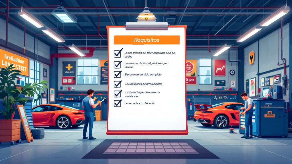 Escena ilustrada en un taller de servicio automotriz con dos coches, uno rojo y otro naranja. Una persona está de pie junto al coche naranja, trabajando o inspeccionándolo. En el centro hay un cartel grande con texto sobre consideraciones para elegir un especialista en amortiguadores.