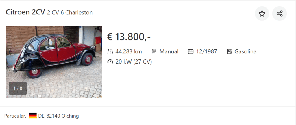 La imagen muestra un anuncio de venta de un Citroën 2CV 6 Charleston. El coche está listado por 13,800 euros y tiene un kilometraje de 44,283 km. Tiene transmisión manual, fue fabricado en diciembre de 1987 y funciona con gasolina. El coche tiene una potencia de 20 kW (27 CV). El anuncio es de un vendedor privado ubicado en Olching, Alemania (DE-82140). El coche se muestra en un esquema de colores rojo y negro, estacionado en un camino de adoquines.