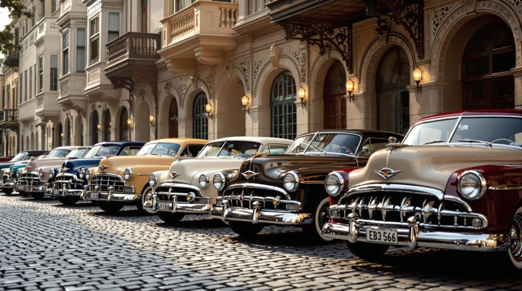 La imagen muestra una fila de coches clásicos estacionados a lo largo de una calle adoquinada frente a edificios históricos y ornamentados. Los coches son del mediados del siglo XX, con parrillas cromadas distintivas y diseños vintage. La escena es interesante y relevante para la categoría "Clásicos" porque exhibe una colección de automóviles clásicos bien conservados, destacando su atractivo estético y su importancia histórica. El entorno añade encanto, con la arquitectura elegante complementando los vehículos vintage. Las matrículas de los coches, como "EB3 566" y "7 XA 51", añaden autenticidad a la escena.