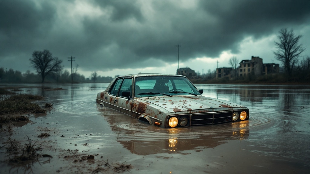 La imagen muestra un coche antiguo y oxidado sumergido en un cuerpo de agua que parece ser una inundación. El ambiente es sombrío con cielos nublados, y se pueden ver edificios abandonados en el fondo, lo que contribuye a una atmósfera desolada.