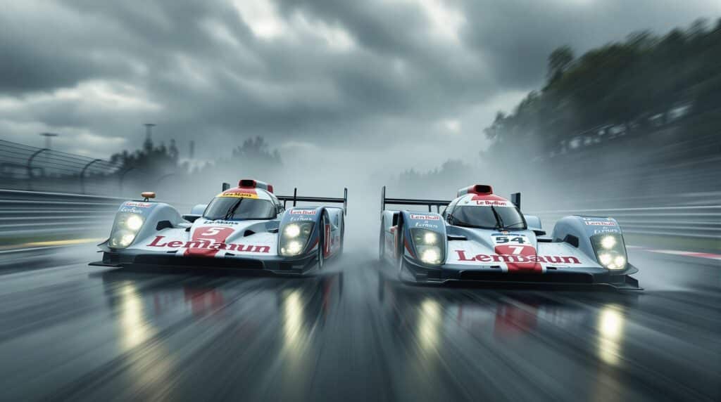 Claro, aquí tienes: La imagen muestra dos coches de carreras de alto rendimiento compitiendo en una pista mojada. Los coches están lado a lado, con los faros encendidos, creando una escena dramática e intensa. Los coches tienen escrito "Le Mans" y "LenBull Eclius", indicando que están participando en la famosa carrera de resistencia de 24 Horas de Le Mans. La pista mojada y el fondo borroso sugieren alta velocidad y condiciones de conducción desafiantes, lo que hace que esta imagen sea particularmente interesante y relevante para un blog sobre competición. La imagen captura la esencia de la competencia en el automovilismo, mostrando la habilidad y precisión necesarias para correr en condiciones tan exigentes.