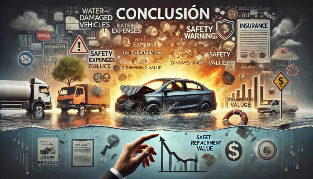 La imagen es un collage digital con varios elementos relacionados con el seguro de automóviles y accidentes. La mitad superior muestra un coche en llamas en el centro, rodeado de iconos y palabras como ‘CONCLUSIÓN’, ‘ADVERTENCIA DE SEGURIDAD’, ‘SEGURO’, ‘GASTOS’, y otros que sugieren riesgos, daños y aspectos financieros asociados con incidentes automovilísticos. La mitad inferior representa una escena submarina con otro coche sumergido, junto a gráficos que muestran una línea de tendencia descendente etiquetada como ‘RELEVANCIA DEL VALOR DE SEGURIDAD’.