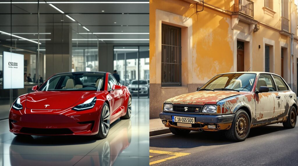 La imagen muestra una comparación entre dos coches. A la izquierda, hay un coche Tesla moderno y rojo exhibido en un showroom con una etiqueta de precio de €50,000. El showroom tiene un diseño elegante y moderno con suelos reflectantes y una iluminación brillante. A la derecha, hay un coche más antiguo y desgastado estacionado en una calle. El coche tiene pintura descascarada y manchas de óxido, indicando un desgaste significativo y antigüedad. El fondo muestra una zona residencial con edificios pintados de amarillo.

La imagen es interesante y relevante ya que contrasta el nuevo, tecnológico y caro Tesla con un coche viejo y deteriorado, destacando las diferencias en tecnología, condición y valor.