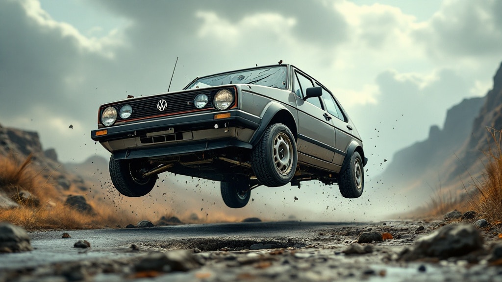 Un coche Volkswagen clásico en el aire, capturado en pleno salto. El fondo muestra un terreno rocoso y un cielo nublado, creando un efecto dinámico y dramático.
