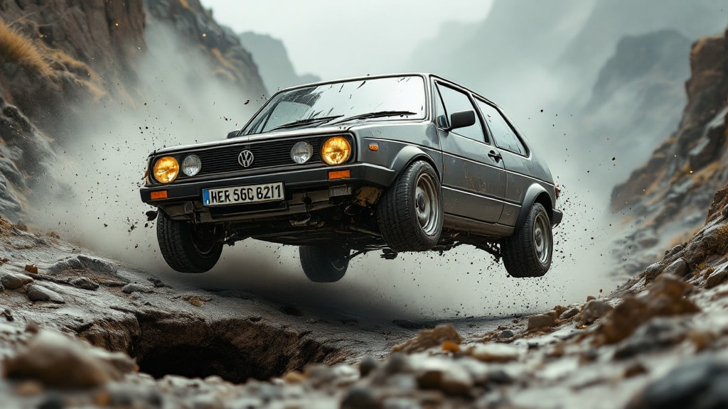 Volkswagen Golf en el aire mientras salta sobre un terreno rocoso. El fondo muestra un paisaje montañoso o colinas con una atmósfera brumosa, sugiriendo un entorno todoterreno. La imagen captura una acción dinámica, ilustrando las capacidades del vehículo en condiciones difíciles y transmitiendo una sensación de aventura.