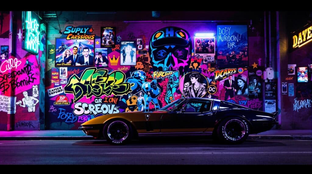 Claro, aquí tienes: La imagen muestra un coche deportivo clásico en un entorno urbano nocturno, con luces de neón y rascacielos de fondo. El coche tiene un diseño retro futurista, con líneas elegantes y detalles cromados. Esta imagen es relevante para la categoría "Cultura POP" porque captura la esencia de la cultura automovilística en un contexto urbano y moderno, evocando una sensación de nostalgia y estilo contemporáneo al mismo tiempo.