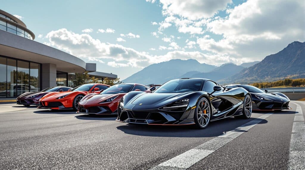 La imagen muestra una fila de cinco coches deportivos de alto rendimiento estacionados en una pista de carreras. Los coches tienen diseños aerodinámicos y colores vibrantes, incluyendo negro, rojo y púrpura. El escenario parece ser un día soleado con un cielo despejado y un fondo montañoso, lo que añade un toque dramático y atractivo a la presentación de los vehículos. Esta imagen es interesante y relevante para la categoría "Deportivos" porque muestra coches deportivos de lujo, conocidos por su velocidad, diseño y excelencia en ingeniería.